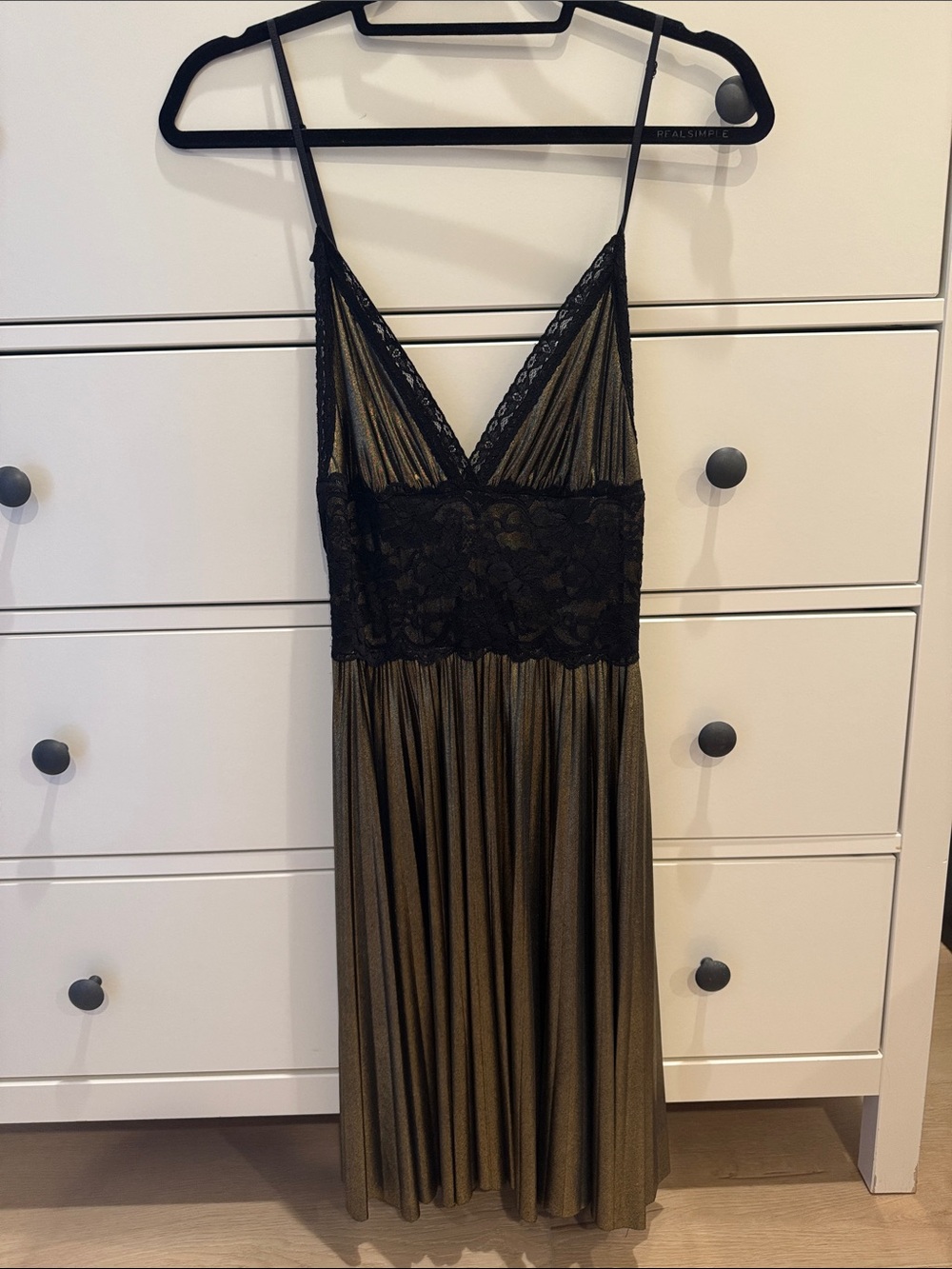 Vintage Gold Lamé Women's Black Lace & Metallic Slip Dress Size Small S